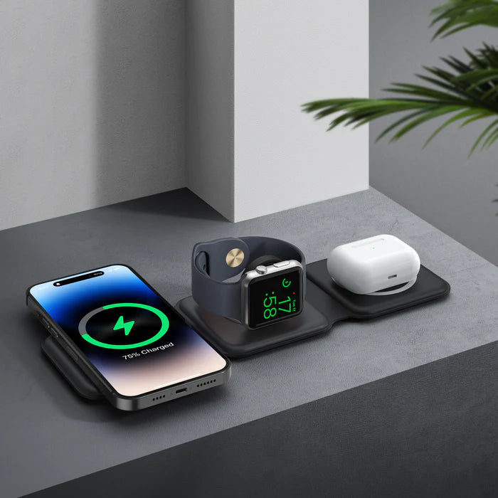 3-in-1 Foldable MagSafe & Qi2 Compatible Wireless Charger with 15W Fast Charging for iPhone, AirPods & Apple Watch